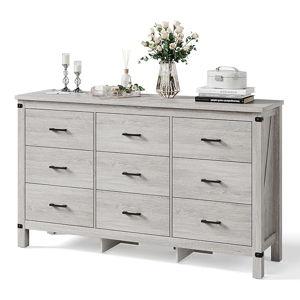 LINSY HOME Dresser for Bedroom with 9 Drawers, 59” Wide Chest with Deep Drawer, Modern Farmhouse Dresser TV Stand with Metal Handles, Wood Storage Cabinet for Closet, Living Room, Hallway, Wash Grey