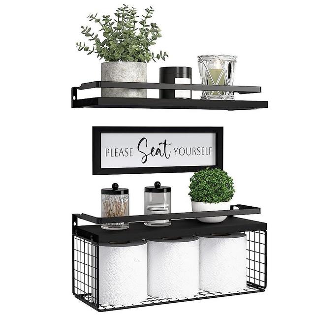 DOLLFIO Floating Shelves with Wall Décor Sign, Bathroom Shelves Over Toilet with Wire Storage Basket, Wood Wall Shelves with Protective Metal Guardrail– Black