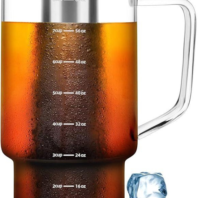 Aquach 68oz Cold Brew Coffee Tea Maker, Glass Pitcher & Stainless Steel Filter, Dishwasher Safe Iced Coffee Tea Maker with Airtight Lid and Large Handle