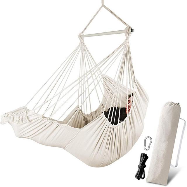 Hammock Chair Hanging Swing 2 Seat Cushions Included, Durable Spreader Bar  Soft Cotton Weave Hanging Chair Side Pocket Large Tassel Chair Set Foot Rest  Support Calf Foot Extra Comfortable -Grey 