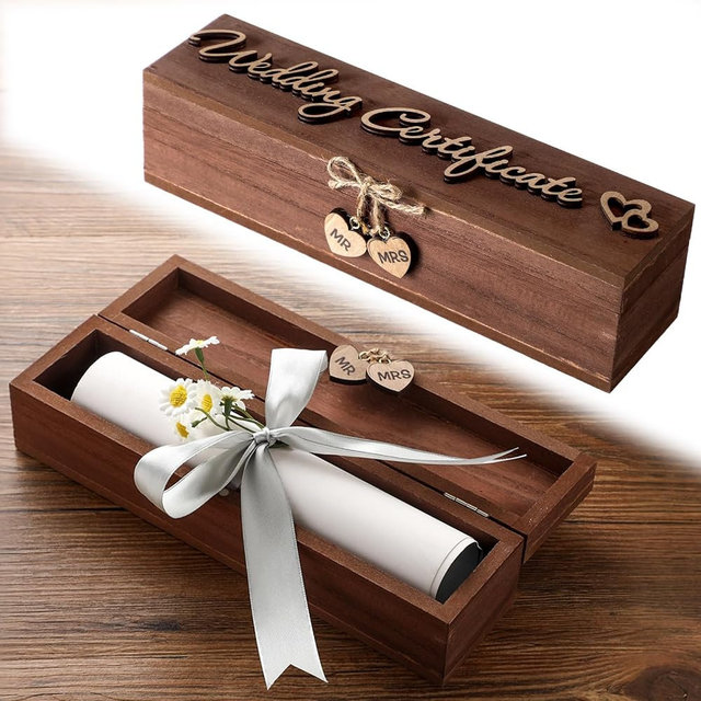 Thyle Mr & Mrs Wedding Certificate Holders Wooden Marriage License Keepsake Box with Bow and Magnetic Buckle Wedding Certificate Storage Box Gifts for Newlyweds Couples Gift (Retro Color)