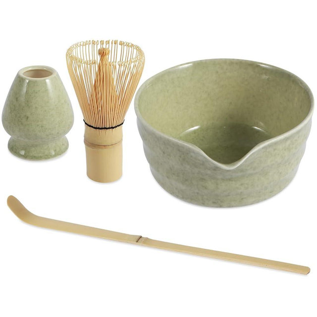 4Pcs Matcha Making Kit, Ceramic Bowl, Bamboo Whisk and Scoop, Matcha Sifter and Holder