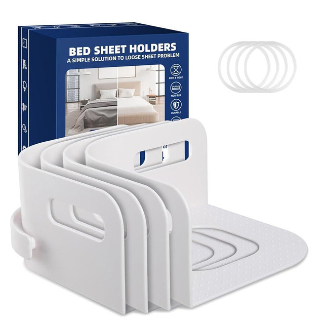 SARIUROS Bed Sheet Holders，Bed Sheet Straps with Fixed Silicone Rings Keep Sheets Firm & Tight, Fitted Sheets Holder Strap Suitable for All BedSheet, Mattresses Sizes, Easy Installation White
