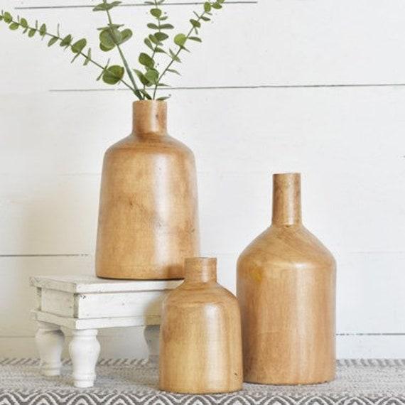 Set of 3 Wood Vases Wood Bottles Mantle Decor Farmhouse Home Decor Spring Decorations Dining Table Centerpiece Bathroom Decor Shelf Decor