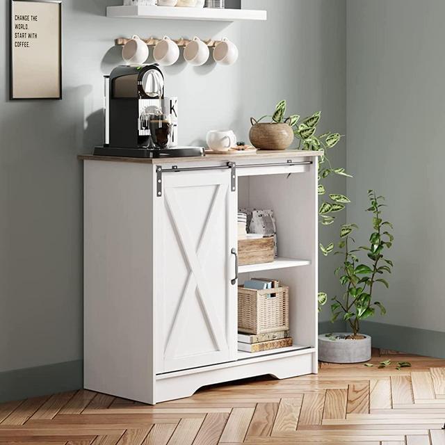 Farmhouse Coffee Bar Cabinet White Modern Kitchen Sliding Barn Door Buffet Storage Cabinet Credenza Sideboard Buffet Cabinet with Storage Shelf Wood Accent Liquor Cabinet for Dining Room, White