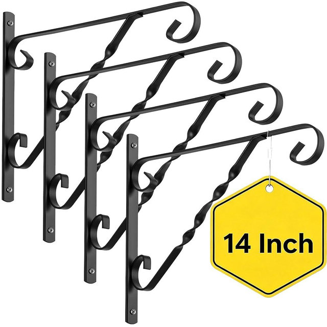 AMAGABELI GARDEN & HOME 4 Pack Hanging Plant Brackets Outdoor 14 inch Metal Fence Wall Plant Hanger Hooks for Hanging Flower Bird Feeders Lanterns Wind Chimes Rust-Resistant Black