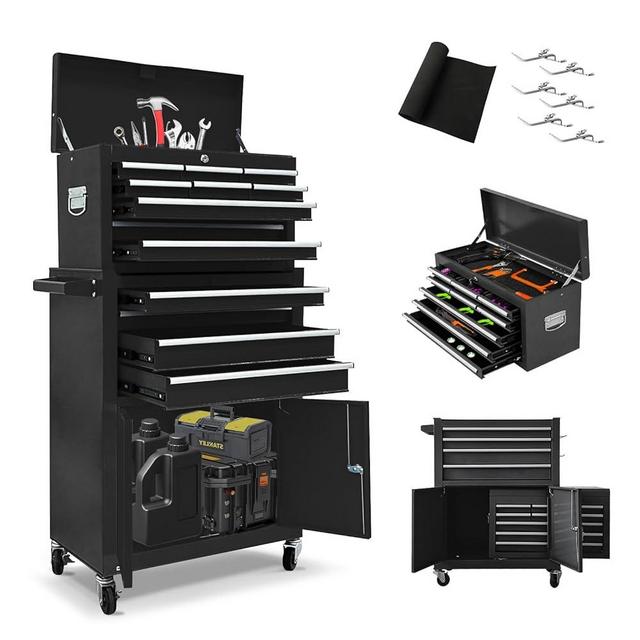 13 Drawer Tool Chest with Wheels and Double Doors, 2 in 1 Detachable Rolling Tool Chest with Drawers, Large Tool Box with Lock, Metal Tool Cabinet for Garage Workshop(Black)
