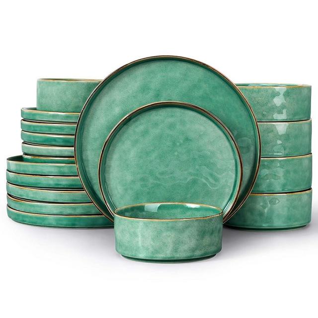 LIANYU Dinnerware Sets for 6, 18 Piece Plates and Bowls Dish Set, Ceramic Dinner Ware Dishware for Kitchen Dining, Microwave & Dishwasher Safe, Emerald Green
