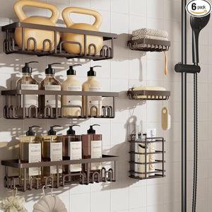 Veken Shower Caddy 6-Pack, No Drilling & Rustproof, Waterproof Adhesive Shelves Rack with Soap Holder, Large Capacity Bathroom Organizers and Storage, Wall-Mounted Kitchen & Home Decor