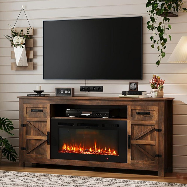 Nordivale Fireplace TV Stand with Barn Door for TVs up to 80", Farmhouse 70" Fireplace Entertainment Center with Storage Cabinets, Brown TV Stand and Black Fireplace