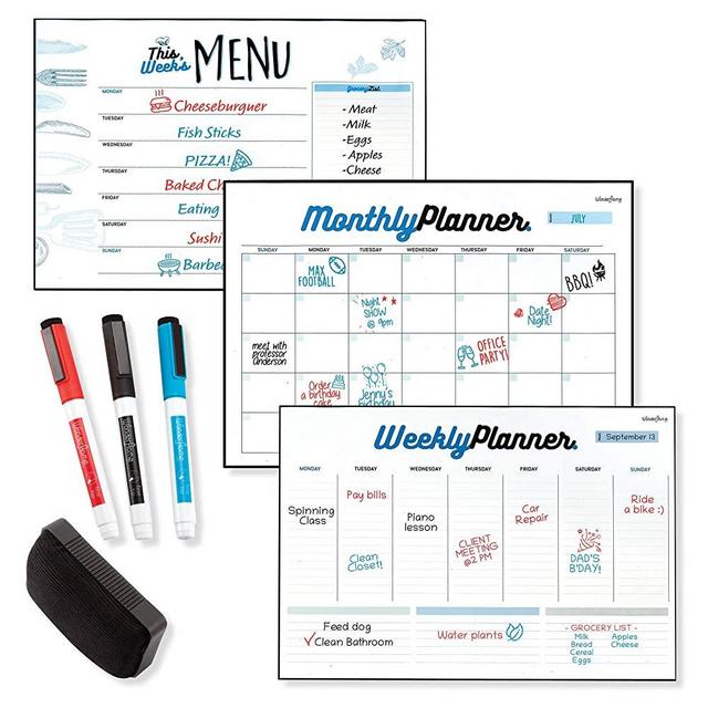 Set of 3 Dry Erase Planner Boards   - Magnetic Weekly Calendar - Magnetic Monthly Calendar - Magnetic Menu Board - with 3 Dry Erase Markers and Eraser