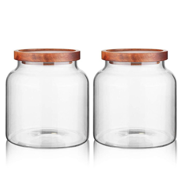 Labina Glass Storage Container Airtight Food Jars Kitchen Canister with Wood Lids, 54 Oz (1600ml) Wide Mouth Pantry Organization Glass Jar for Flour, Sugar, Cookie, Spagetti, Nuts and Candy (2 Pack)