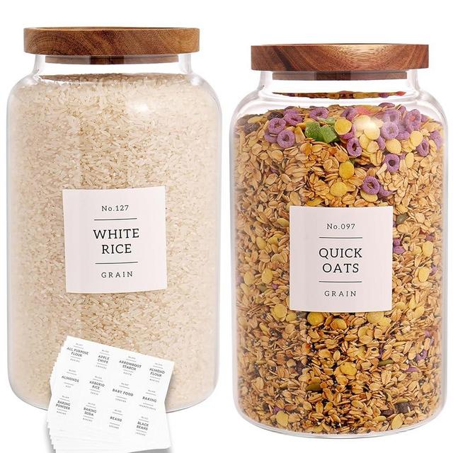 CZHQSMZ Set of 2 Large Glass Jar with Airtight Acacia Lid and 132 Kitchen Pantry Labels, Clear Glass Food Storage Jars Containers for Rice Flour Pasta Sugar Coffee Cookie and More(98 Fl Oz/2800 Ml)