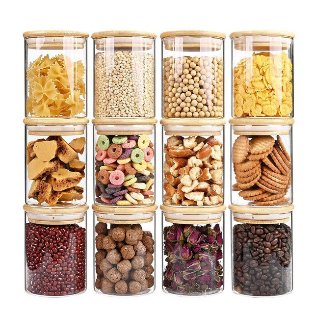 SHOWIN 17oz Glass Food Storage Jars, Glass Jars with Bamboo Lids, Kitchen Storage Jars, Set of 12, Canisters with Airtight Lids for Spice, Coffee, Cookie, Pantry Organizers