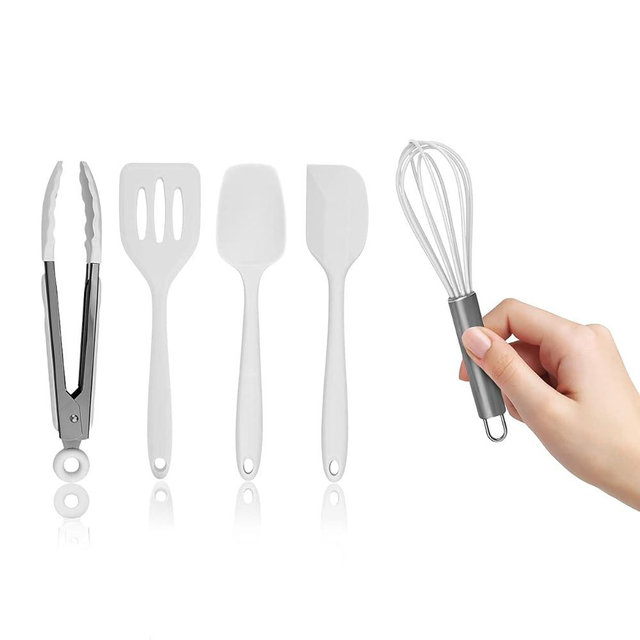 Country Kitchen Set of Five White and Gunmetal Silicone MINI Kitchen Utensil Set