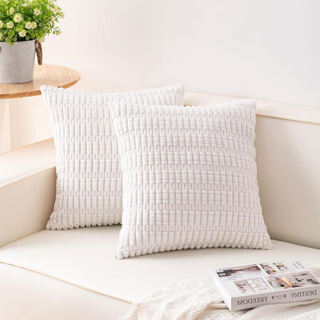 Aegero Pack of 2 Corduroy Decorative Throw Pillow Covers 18x18 InchSoft Boho Striped Pillow Covers Modern Farmhouse Home Decor for Sofa Living Room Couch Bed（White）