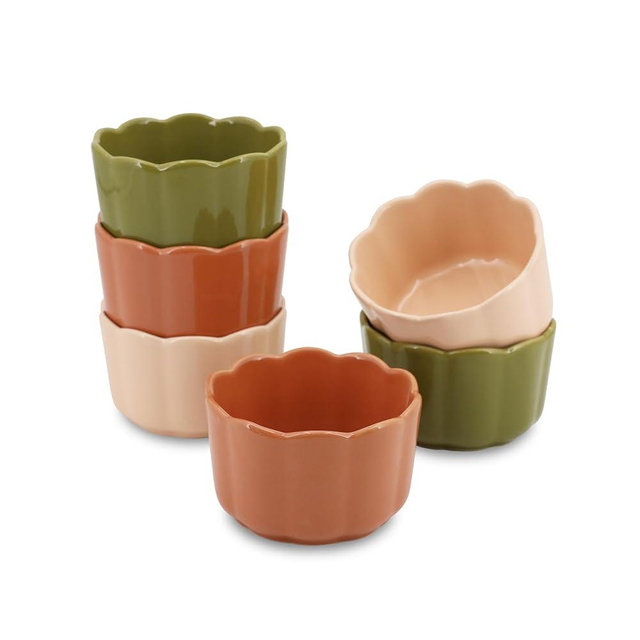 6Oz Ceramic Ramekins Set of 6,Multi-Use Porcelain Baking Bowls with Scallop Design for Souffle, Creme Brulee, Pudding, Ice Cream & Dipping, Heat-Resistant, Stackable & Dishwasher-Friendly, Assorted Colors