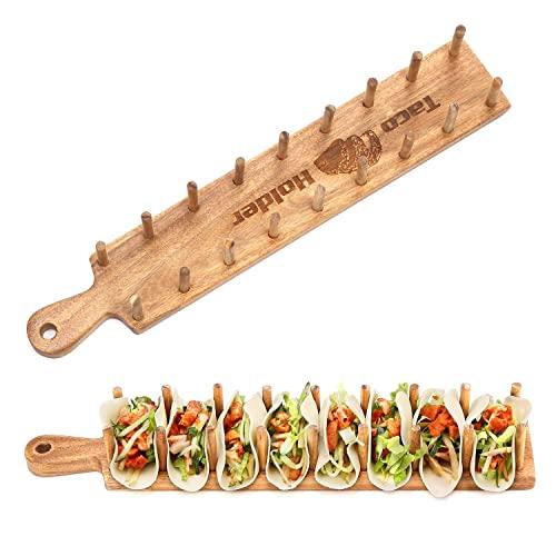 First Grade Acacia Wood Taco Holder Rack Tray Stand Up Holds 8 Soft or Hard Shell Tacos Also for Tortillas, Burritos