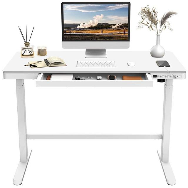 Flexispot Electric Height Adjustable Standing Desk with Drawer 48 x 24 Inches White Desktop & Adjustable White Frame Quick Install Computer Workstation (USB Charge Ports, Memory Controller)