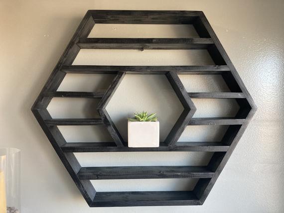 Shot glass shelf, shot glass storage, shot glass display, Floating Shelf, geometrical shape, double hexagon