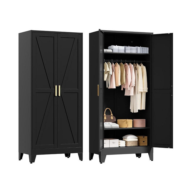 LCAOPC 71" Tall Metal Wardrobe Closet with Adjustable Shelves and Hanging Rod, 2 Doors Free Standing Armoire Wardrobe Cabinet for Bedroom, Office, Laundry Room, Black