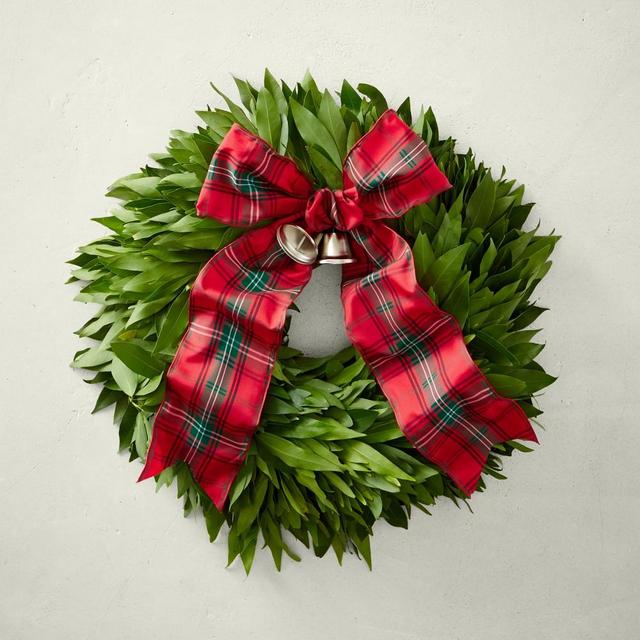 Bay Leaf Wreath with Tartan Ribbon, 15"