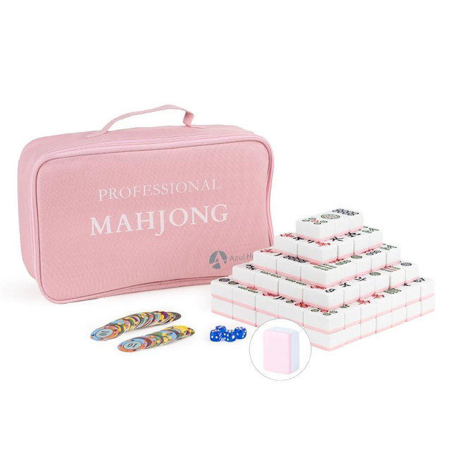 AzulHome Mahjong Game Set, 144 Extra Large 42mm(1.7") Melamine Tiles with 4 Dices 80 Poker Chips and One Storage Bag, Complete Mahjong Tiles Set, Extra Large, Majiang, 麻将, Pink