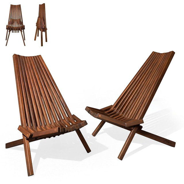 Melino Wooden Folding Chair - Low Profile FSC Certified Acacia Wood Lounge Chair with - Fully Assembled Foldable Chairs for Patio, Porch, Pool Deck, Lawn, Garden (2, Caramel, Medium)