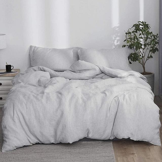 Simple&Opulence 100% Linen Duvet Cover Set 3pcs Stone Washed Natural French Flax Basic Style Solid Color Bedding with Button Closure (Queen, Light Grey)