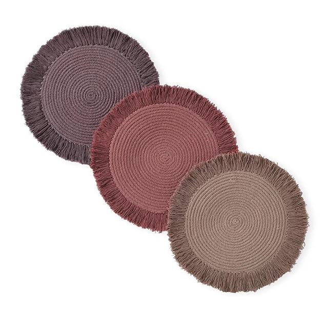 Folkulture Pot Holders for Kitchen, Hot Pads or Trivets for Hot Dishes Pots and Pans, Stylish Mats for Wooden Table or Modern Farmhouse Decor, Set of 3, 100% Cotton, 8.5 Inch Round, Aurora Purple