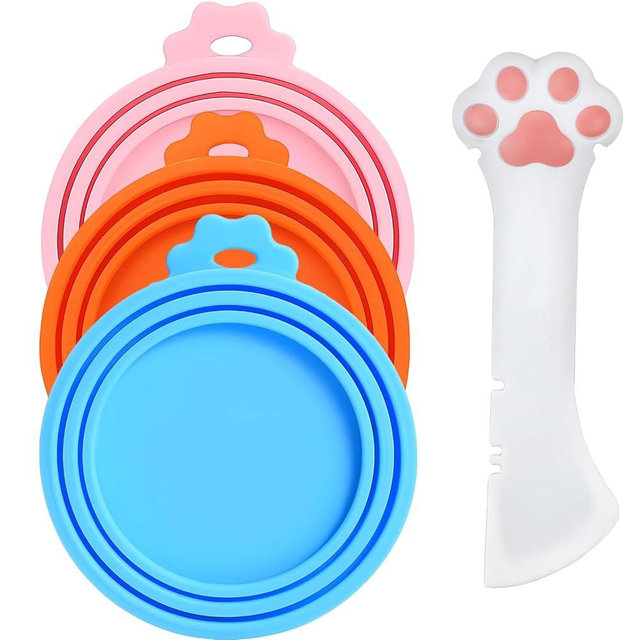 Giozoc Cat Food Can Covers Lids & White Spoon, Pink/Orange/Sky Blue Lids, Can Covers for Dog/Cat Food Cans, Fit 3 Standard Size Pet Food Cans, Spoon with Opener Paw & Mini Spatula