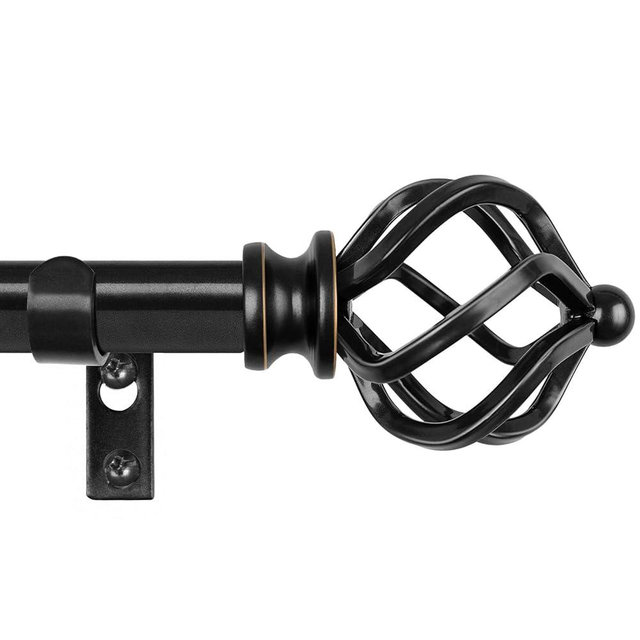 KAMANINA Curtain Rods for Windows 66 to 120 Inch, 3/4 Inch Black Curtain Rod 32 to 115 Inches (2.6-9.6ft) Splicing Adjustable Single Drapery Rod with Twisted Cage Finial