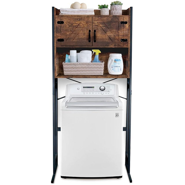 Stephan Roberts Washer or Over The Toilet Storage Cabinet w/Height Adjustable Shelf Laundry Room/Bathroom Organizer Rack, 2-Door Freestanding Space Saver, Wood