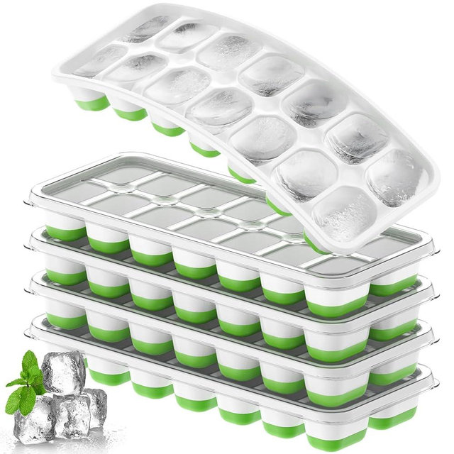 Ice Cube Tray 5 Pack, Stackable Silicone Ice Cube Trayswith Lid– Easy Release Reusable Ice Tray, BPA-Free Rectangular Ice Cube Mold Set for Cocktails, Coffee, Whiskey & Drinks- Green