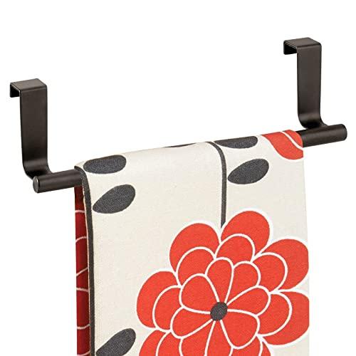 mDesign Decorative Metal Kitchen Over Cabinet Towel Bar - Hang on Inside or Outside of Doors, Storage and Display Rack for Hand, Dish, and Tea Towels - 9.2" Wide - Bronze