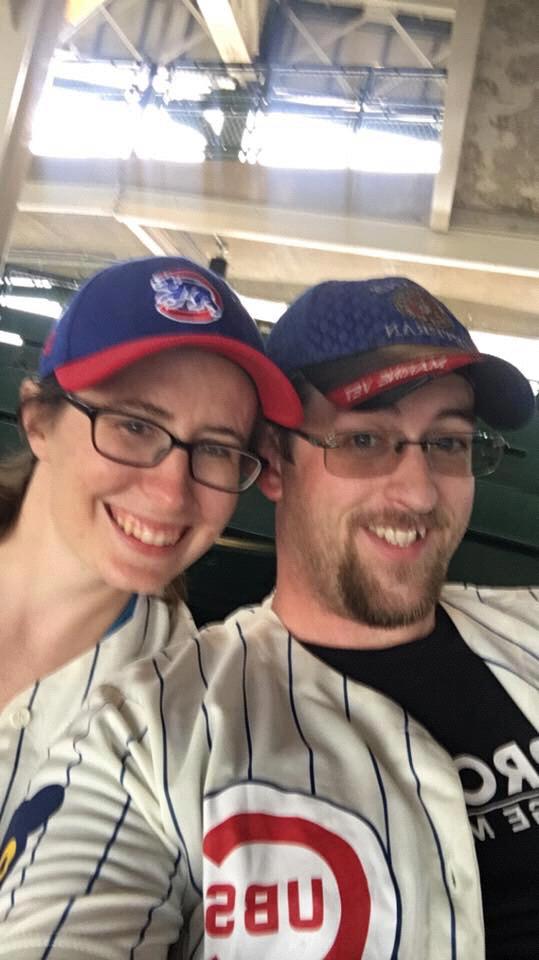 Cubs game! Free jersey day! Moments later Nate exploded a soda on us.