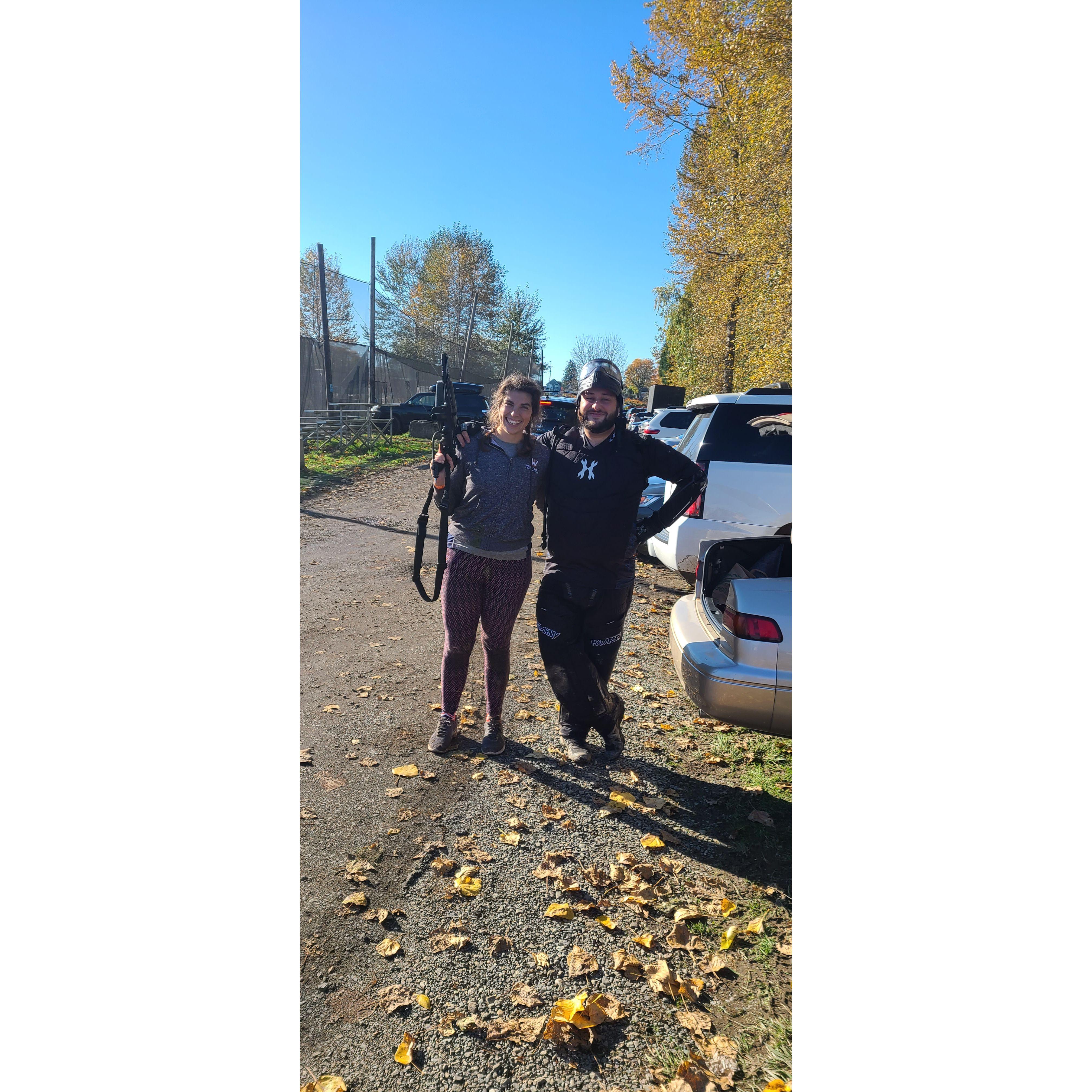 Paintballing! Casey is a force to be reckoned with. You'd think you're safe, then hear "surrender or die!" from behind.