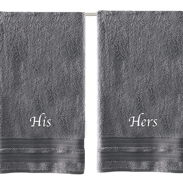 Oversized, Luxurious His & Hers Embroidered Bath Towels. Bath Towel Set Includes: 1 His Bath Towel and 1 Hers Bath Towel. (Grey)