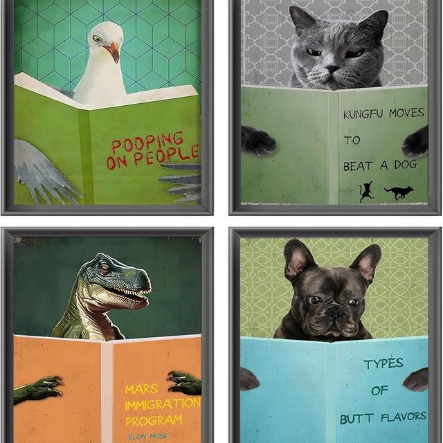 ASTRDECOR Funny Animals Reading Books Wall Art - Humor Vintage Prints, Motivational Canvas Painting Set, Cute Animals Bathroom Wall Decor Signs, Unframed 8x10inch
