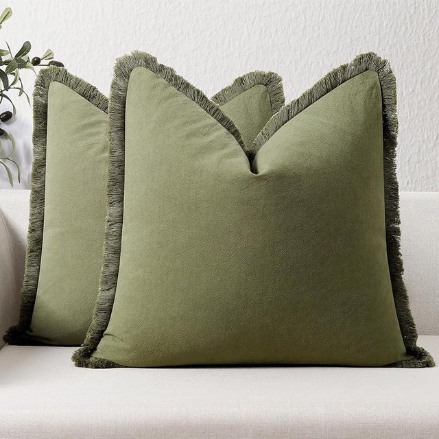 ZWJD Pillow Covers 22x22 Set of 2 Army Green Throw Pillow Covers with Fringe Chic Cotton Decorative Pillows Square Cushion Covers for Sofa Couch Bed Living Room Farmhouse Boho Decor