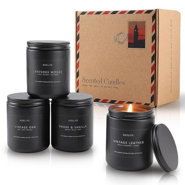 Auelife Scented Candles for Men (4pack-Leather/Oak/Lavender Wood/Smoke&Vanilla)