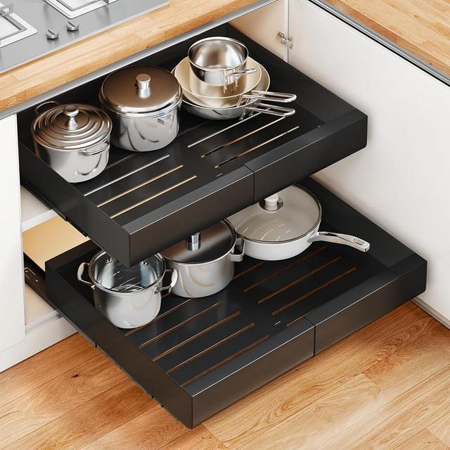 Pull out Cabinet Organizer,Expandable(11.7"-19.7") Slide out Drawer Fixed with Adhesive Film for Pot and Pan, Adjustable Sliding Peel and Stick Under Sink Storage Shelf Pantry Home Kitchen, No Screw