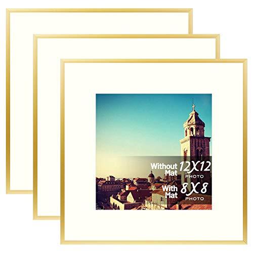 Golden State Art, Metal Wall Photo Frame Collection, Aluminum Photo Frame with Ivory Color Mat for Picture & Real Glass (Gold, 12x12 Frame, 3-Pack)