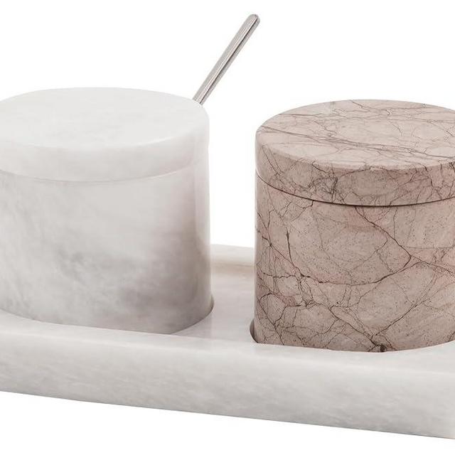 Radicaln Marble Salt Cellar With Lid & Tray Set of 2 White & Marinara Handmade Salt & Spice Containers For Kitchen Storage - Salt And Pepper Bowls For Seasoning Containers - Sugar Bowl