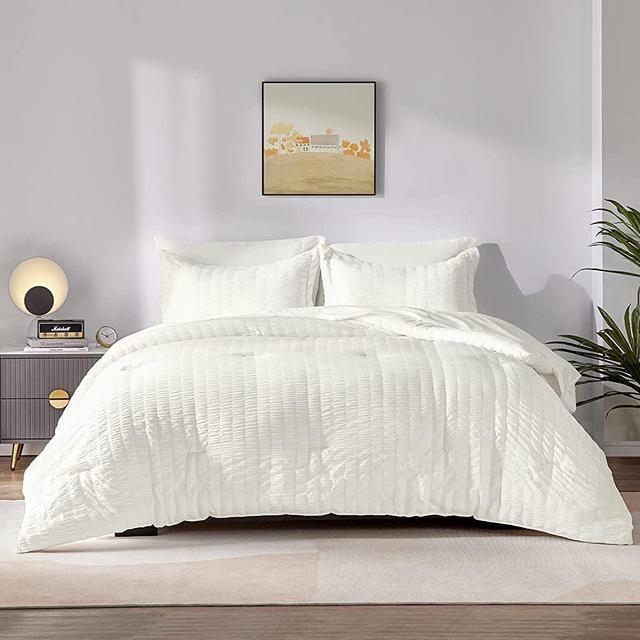 CozyLux Queen Seersucker Comforter Set with Sheets Ivory Bed in a Bag 7-Pieces All Season Bedding Sets with Comforter, Pillow Sham, Flat Sheet, Fitted Sheet, Pillowcase