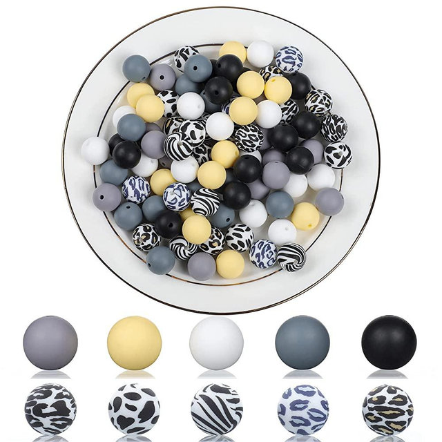 100 PCS Silicone Beads 15mm Leopard Zebra Cow Print Silicone Beads Animal Print Round Loose Beads Bulk Assorted Colors for DIY Supplies Necklace Keychain Bracelet Crafting