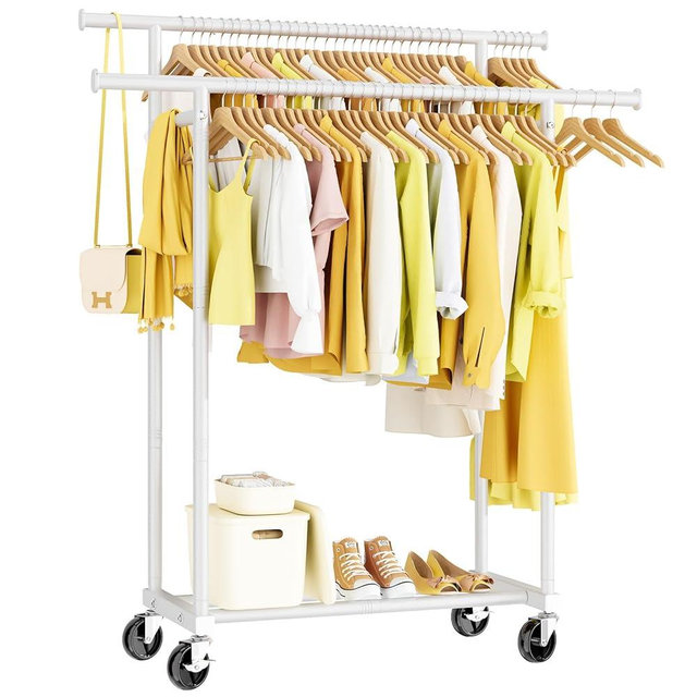 HYSEYY Double Rods Clothes Rack, Rolling Clothing Rack for Hanging Clothes Portable Wardrobe Rack, Metal Garment Rack Sturdy Coat Rack for Bedroom Laundry Living Room, White