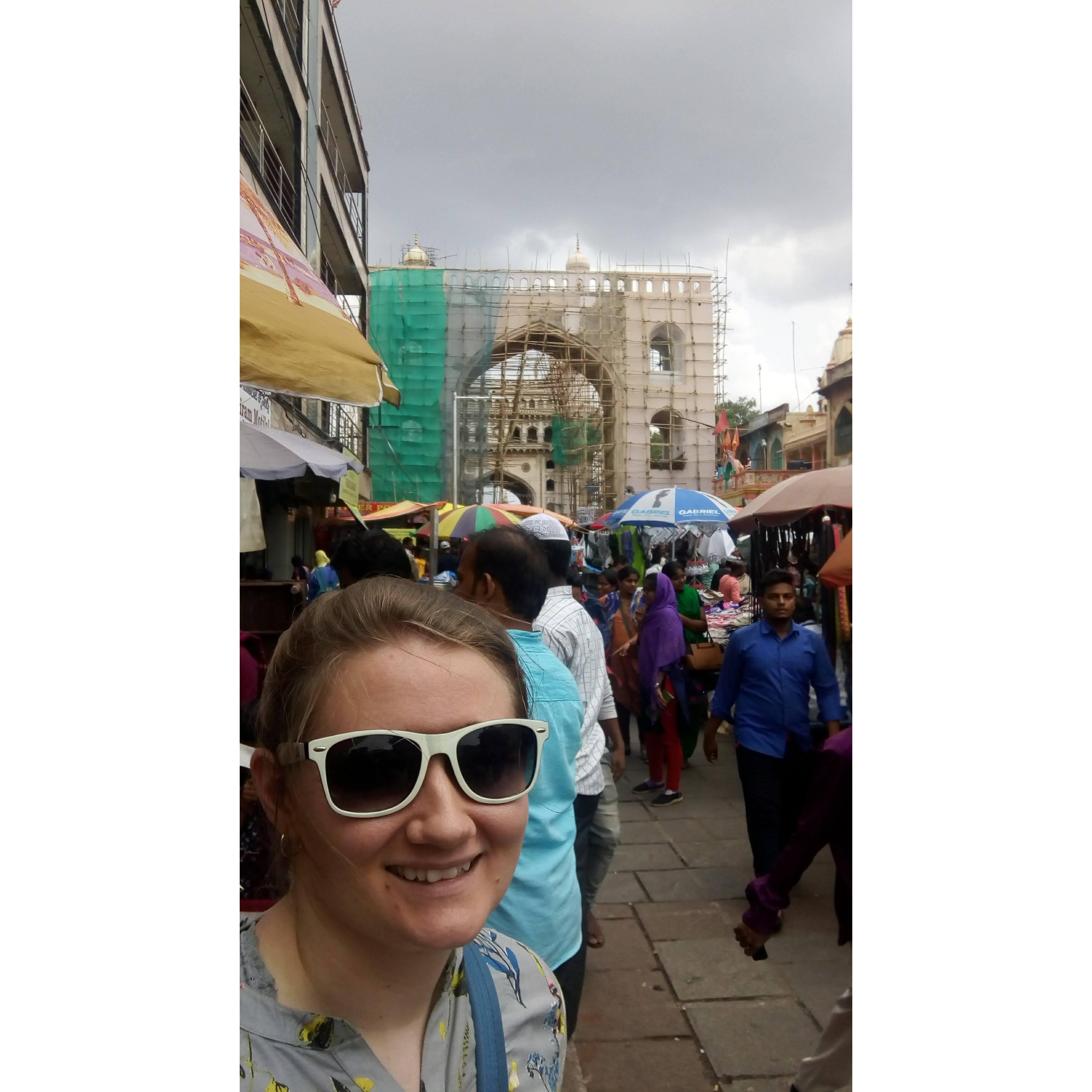 Sam trying to not get freaked out by large crowds at the Charminar