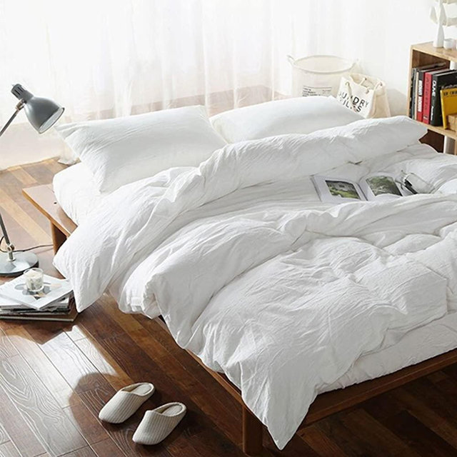 FOSSA Washed Cotton Duvet Cover Set King 3 Piece Bedding Sets Soft Wrinkled Solid Design (King, Off White)
