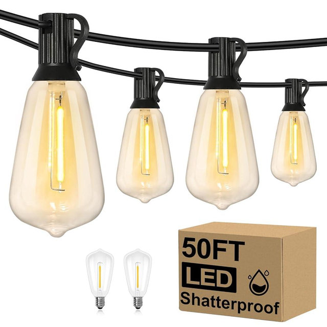 Brightever LED Outdoor String Lights 50FT Patio Lights with 27 Shatterproof ST38 Vintage Edison Bulbs, Outside Hanging Light Waterproof for Porch, Deck, Garden, Backyard, Balcony, 2200K Dimmable